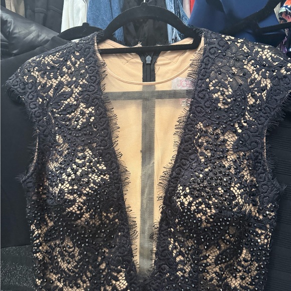 Jovani size 6 Black Lace Dress with black crystal detail, deep sheer v-neck - Picture 2 of 4